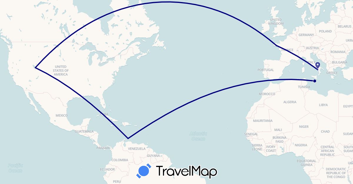 TravelMap itinerary: driving in Aruba, France, Italy, Malta, United States (Europe, North America)